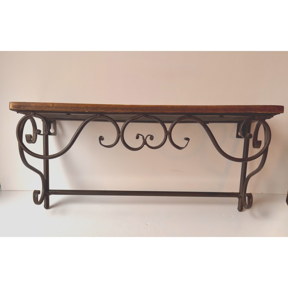 Rustic Wrought Iron Wall Shelf with Wood Top Heart Scrollwork